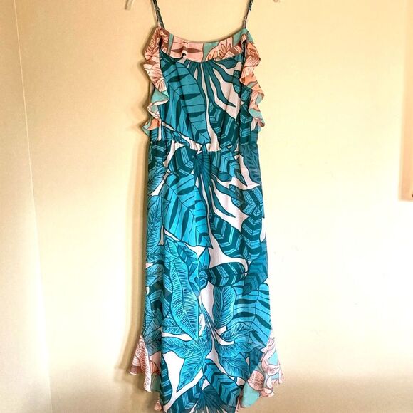 FARM Rio Ruffled Botanical Maxi Dress Contrasting Leaf Print Teal Pink Size LP - Picture 4 of 13
